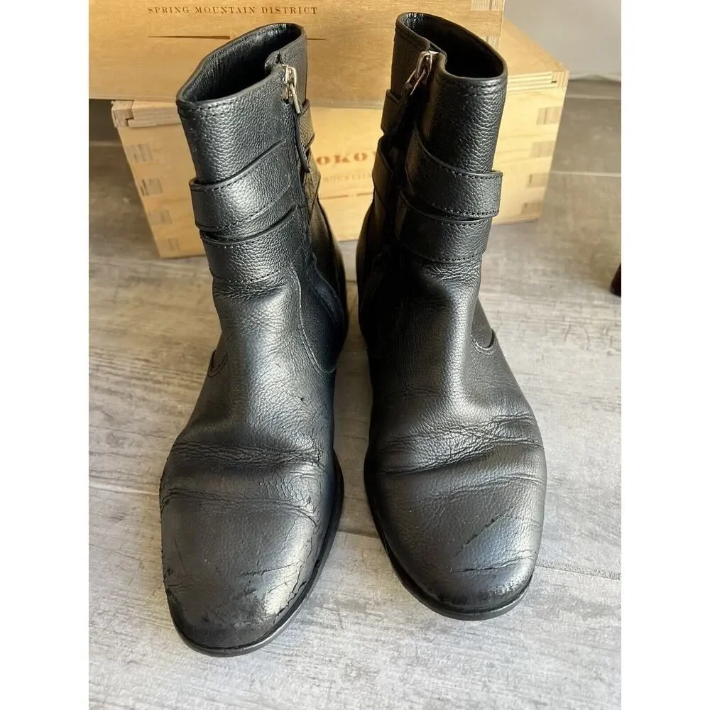 Tory Burch Gemini Link Black Pebble Leather Ankle Booties Moto Boots Size 8 READ